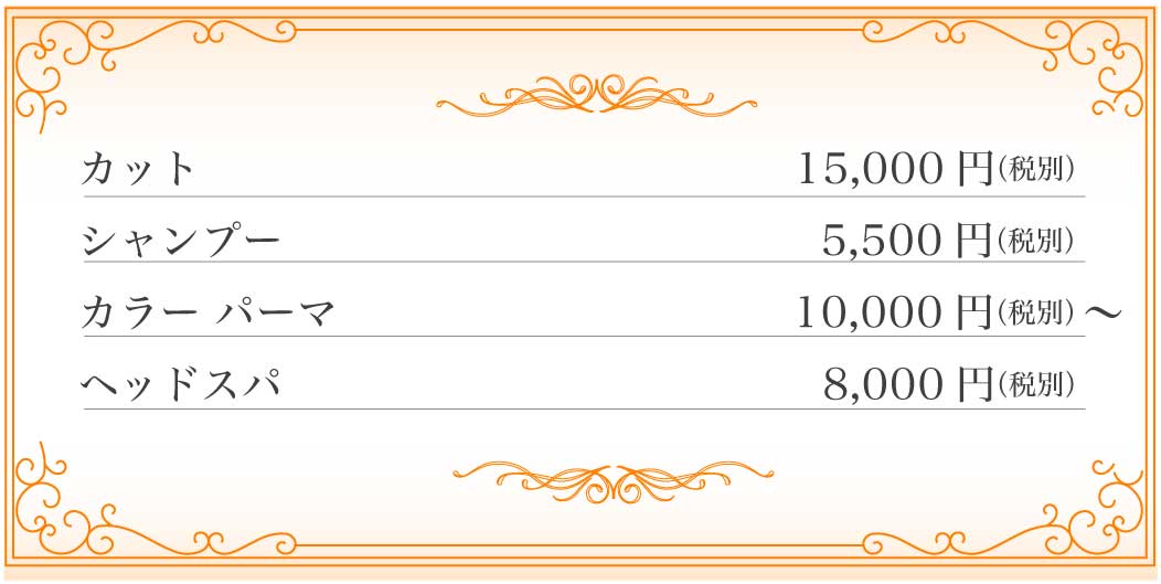 カット	15,000円(税別) シャンプー	5,500円(税別) カラー　パーマ	10,000円(税別) ヘッドスパ	8,000円(税別)